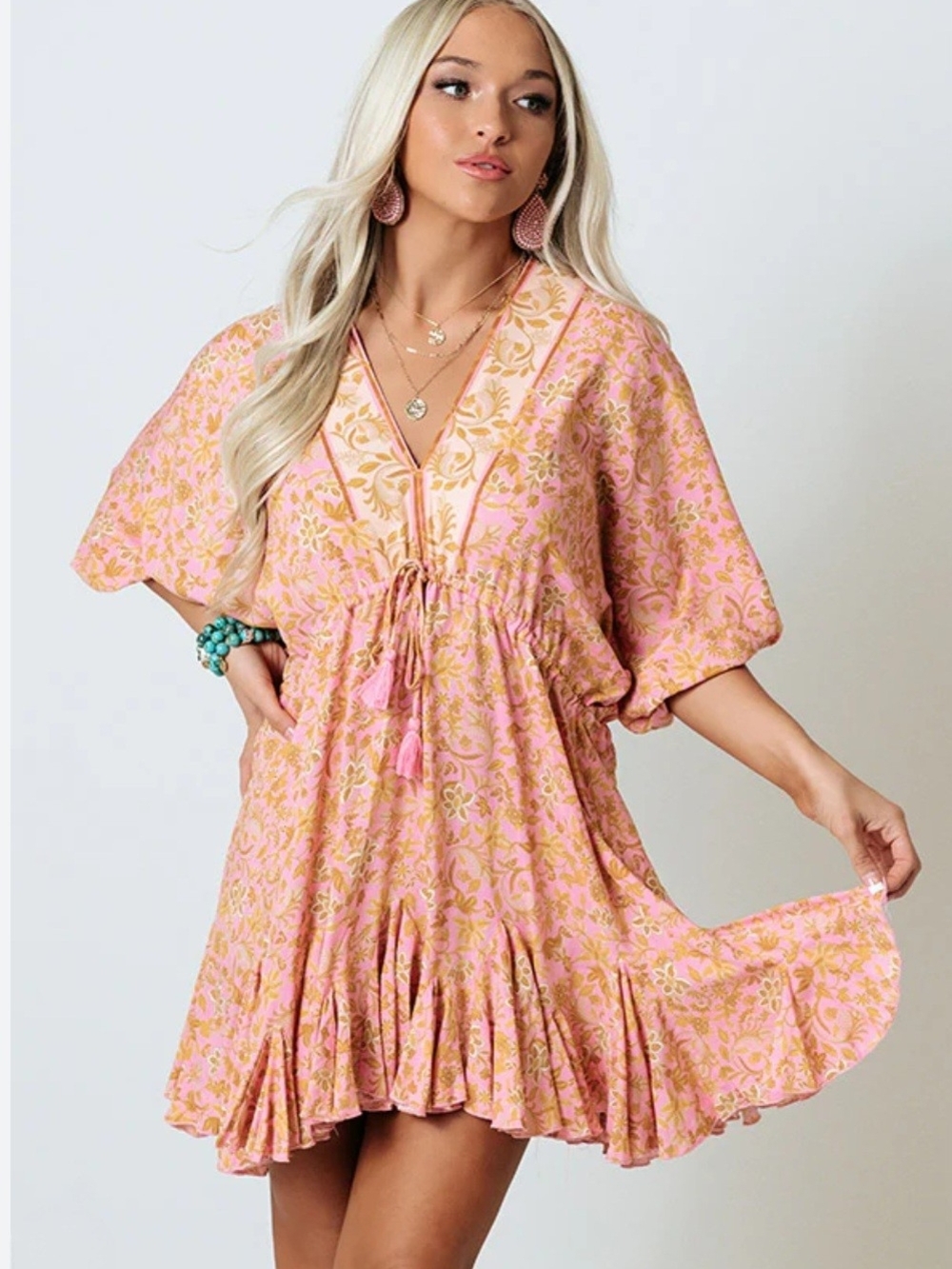 Boho Chic Blush Pink Floral V-Neck Mini Dress NWOT